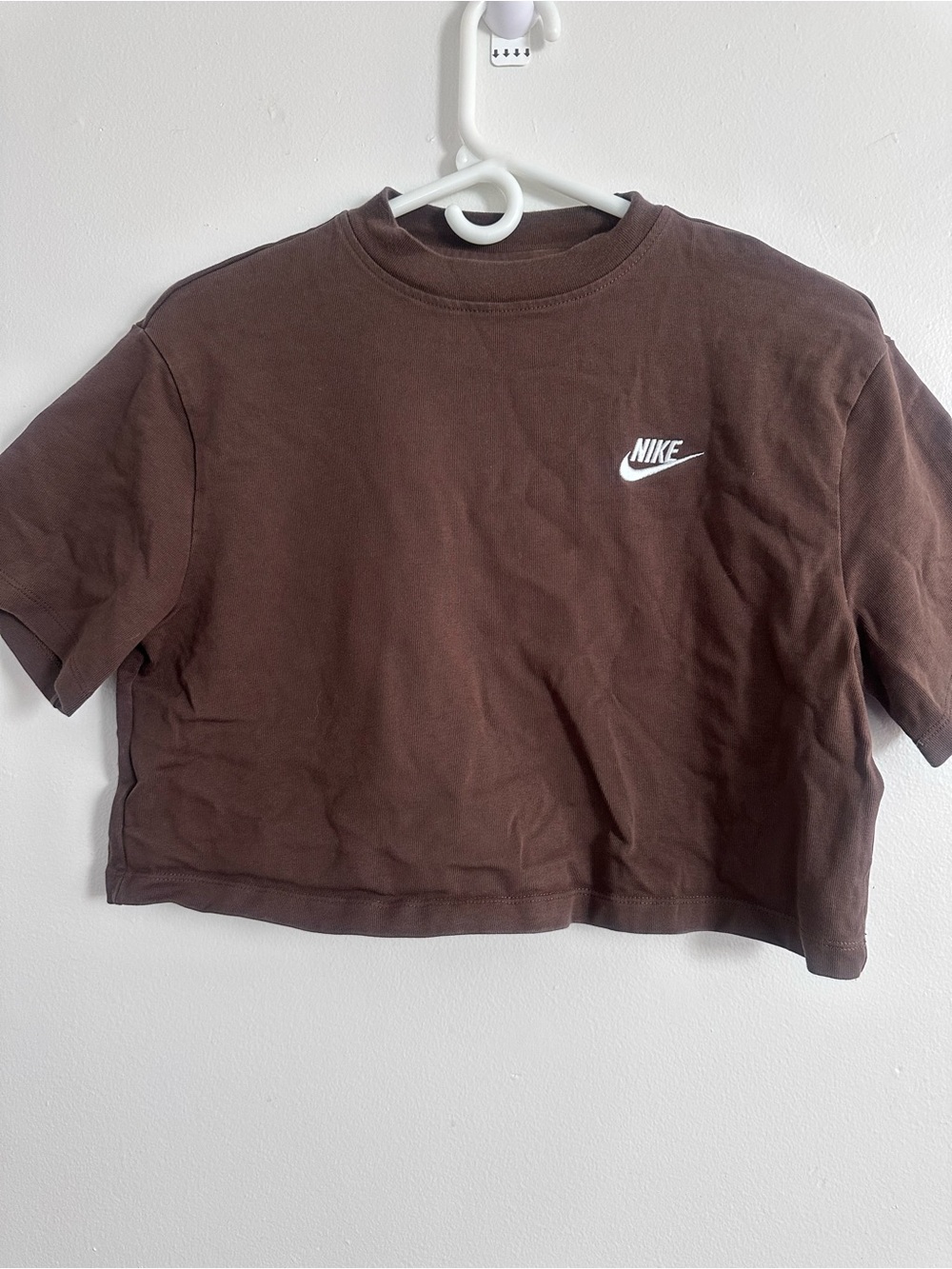 Nike Brown Cropped Swoosh Tee with White Logo